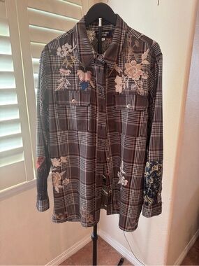 Johnny Was Black Plaid Embroidered Shirt Jacket with Multicolor Floral Accents